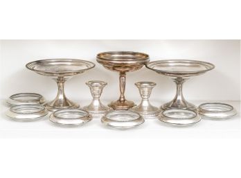 Collection Of Weighted Sterling Silver Table Top Items And Coasters