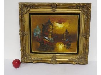 Mid-Century Framed Oil By Chinese Artist Yiu Wong Tam Of Chinese Junks