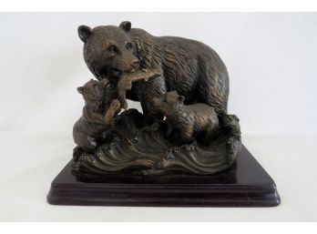 Mama Bear Catching Fish With Her Cubs Figurine