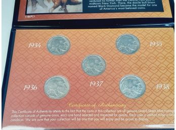 5 Years Of Buffalo Head Nickels-1934 -1938 -D 5 Coin Set With Info / History In Folder
