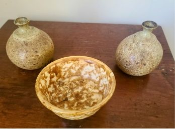 Vintage Spongeware Bowl Paired With Two Hand Spun Ceramic Bud Vases