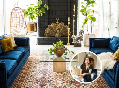 blue sofa, home decorating ideas on a budget, jenasie earl, eclectic style, vintage rug, glass coffee table, fiddle lead fig style