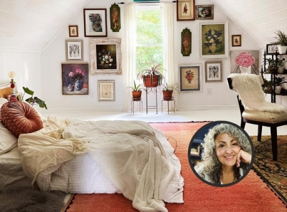 eclectic decor, vintage art, gallery wall, painted bed, vintage dresser, attic decor ideas, bedroom design ideas