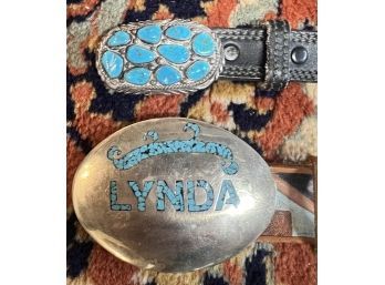 (2) SILVER BELT BUCKLES with TURQUOISE DECORATION