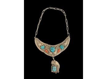 STERLING SILVER CLNAVAJO TURQUOISE & CORAL NECKLACE WITH PENDANT