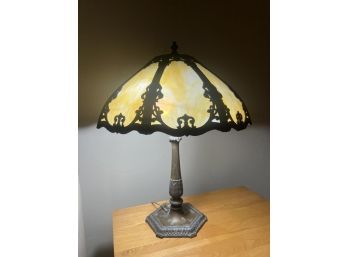 HEAVY CAST LAMP w/ SLAG GLASS SHADE