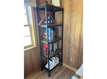 MODERN WOOD AND PAINTED BLACK METAL SHELVING UNIT