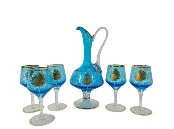 BOHEMIAN GLASS EWER w/ (5) WINE GLASSES