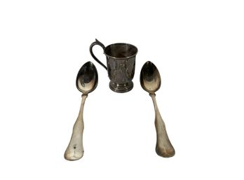 PAIR N. HARDING COIN SILVER SPOONS w/ COIN CUP