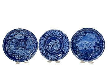 (3) ANTIQUE BLUE AND WHITE TRANSFERWARE PLATES