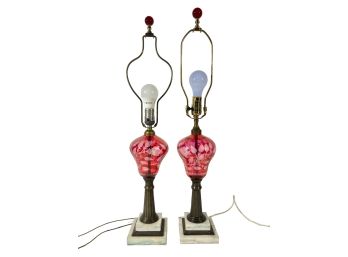 PAIR CUT TO CLEAR CRANBERRY GLASS TABLE LAMPS