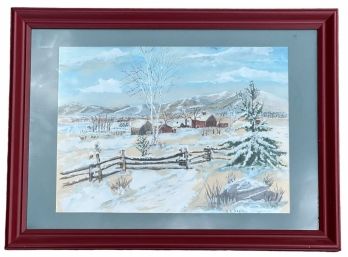 A.E. HEALY WINTER FARM LANDSCAPE WATERCOLOR