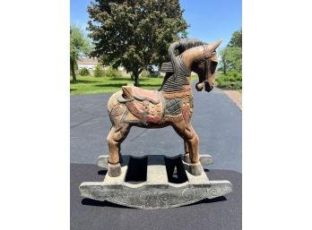 VINTAGE CARVED AND PAINTED WOODEN ROCKING HORSE