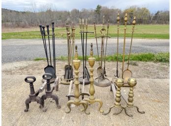 COLLECTION OF BRASS AND IRON FIREPLACE TOOLS