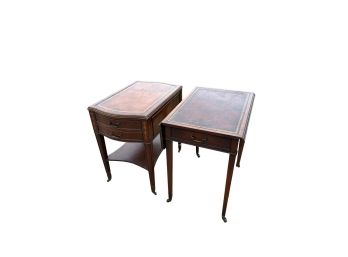 (2) EARLY (20th c) LEATHER TOP SIDE TABLES