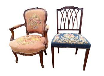 SIDE CHAIR AND ARM CHAIR w/ NEEDWORK UPHOLSTERY