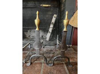 PAIR (18th C) BRASS STEEPLE TOP ANDIRONS