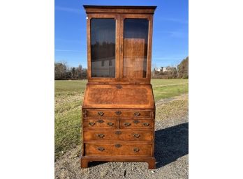 (Early 20th C) ENGLISH QUEEN ANNE STYLE BURL WALNUT SECRETARY DESK