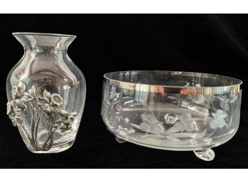 FINE QUALITY ETCHED GLASS BOWL & SEAGULL PEWTER