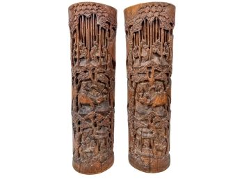 PAIR of SIGNED CARVED CHINESE BAMBOO VASES