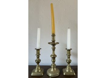 PAIR of (19th c) BRASS BEEHIVE PUSHUP CANDLESTICKS