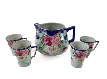 HAND PAINTED NIPPON PITCHER & (4) MUGS