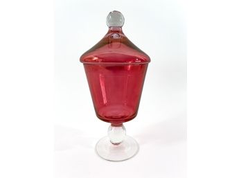 HAND BLOWN CRANBERRY GLASS COVERED CANDY DISH