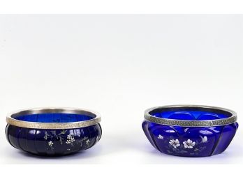 (2) CONTINENTAL ENAMEL DECORATED COBALT BOWLS