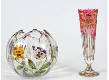 (2) MOSER VASES: PANSY BALL VASE & GILT DECORATED