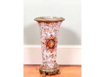 DECORATIVE PORCELAIN & BRASS UMBRELLA STAND