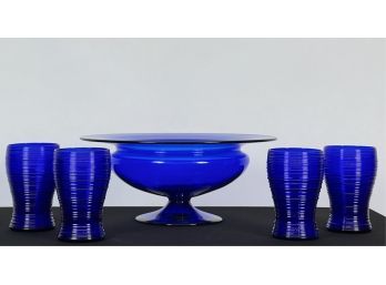 (4) SPUN COBALT TUMBLERS & (1) LARGE COMPOTE