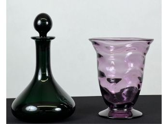 WEBB GLASS: EMERALD DECANTER &  AMETHYST VASE