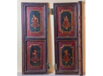 PAIR PAINTED INDIAN DOOR PANELS w FIGURES