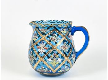 AQUAMARINE MOSER GLASS GILT & ENAMEL WATER PITCHER