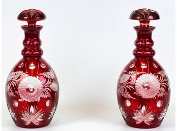 PAIR BOHEMIAN CUT TO CLEAR DECANTERS