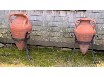 PAIR CERAMIC OLIVE OIL JUGS w IRON BASE