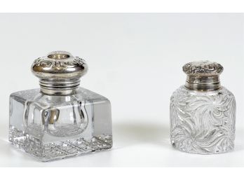 (2) CRYSTAL DESK ITEMS w STERLING TOPS