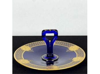 COBALT w GOLD ENAMEL BOHEMIAN GLASS TIDBIT TRAY