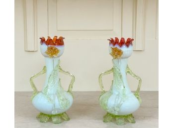 PAIR ORNATE VICTORIAN GLASS VASES