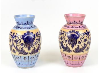 (2) THOMAS WEBB OPALINE & ENAMEL 'MOROCCO' VASES