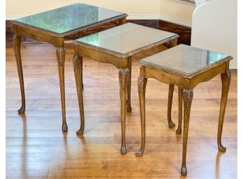 FRENCH STYLE CARVED NESTING TABLES W BURLWOOD