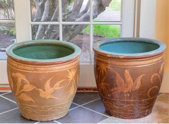 (2) LARGE CHINESE STYLE EARTHENWARE PLANTERS