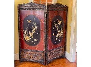 CARVED CHINESE DRESSING SCREEN w HARDSTONE SCENES