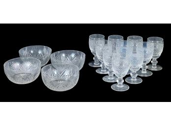 TEN CUT GLASS STEM GLASSES & 4 RINSER BOWLS