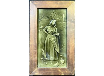 FRAMED TILE OF WOMAN FEEDING CHICKENS