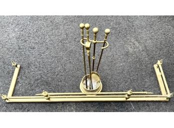 VINTAGE BRASS FIREPLACE FENDER And TOOLS