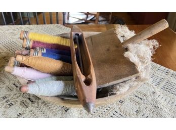 TURNED WOODEN BOWL w/ YARN SPOOLS, BRUSH, SHUTTLE