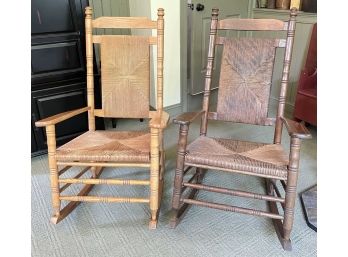 PAIR OF ANTIQUE OAK ROCKING CHAIRS w/ RUSH SEAT