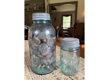 (2) VINTAGE AQUA BLUE MASON STORAGE JARS