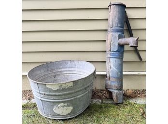 ANTIQUE WATER PUMP IN PAINTED BLUE WOODEN HOUSING